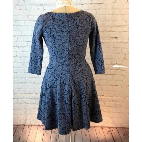 NWT Lauren Conrad Skater Dress Blue Knit Floral Print Full Skirt Medium - Picture 2 of 6